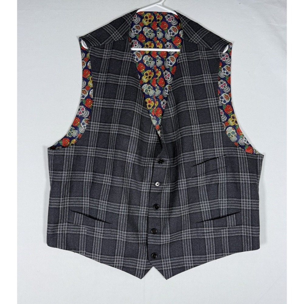 Indochino Vest Mens Mens XL Skull AOP Wool Belted 5-Button Waistcoat Gray Black